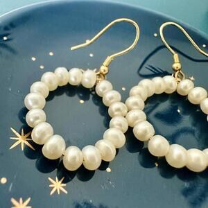 1” Freshwater Pearl Drop Circle Hoop Earrings w Gold-Tone
